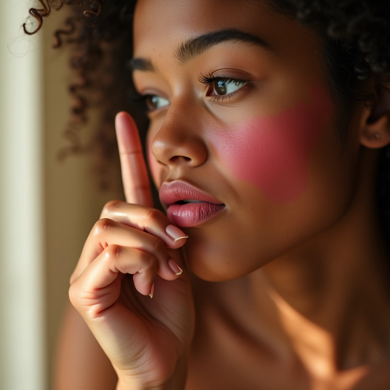 Mulher aplicando blush cremoso em bastão no rosto.