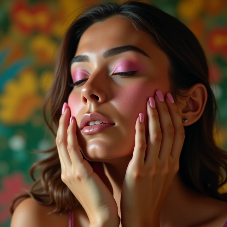 Mulher aplicando blush cremoso em pele com sardas.