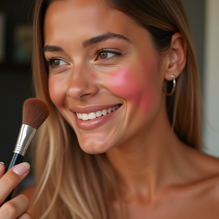 Mulher aplicando blush em gel para um visual natural e radiante.