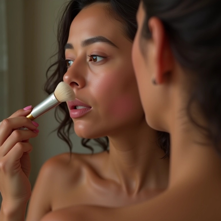 Mulher aplicando blush em pó solto com um pincel.