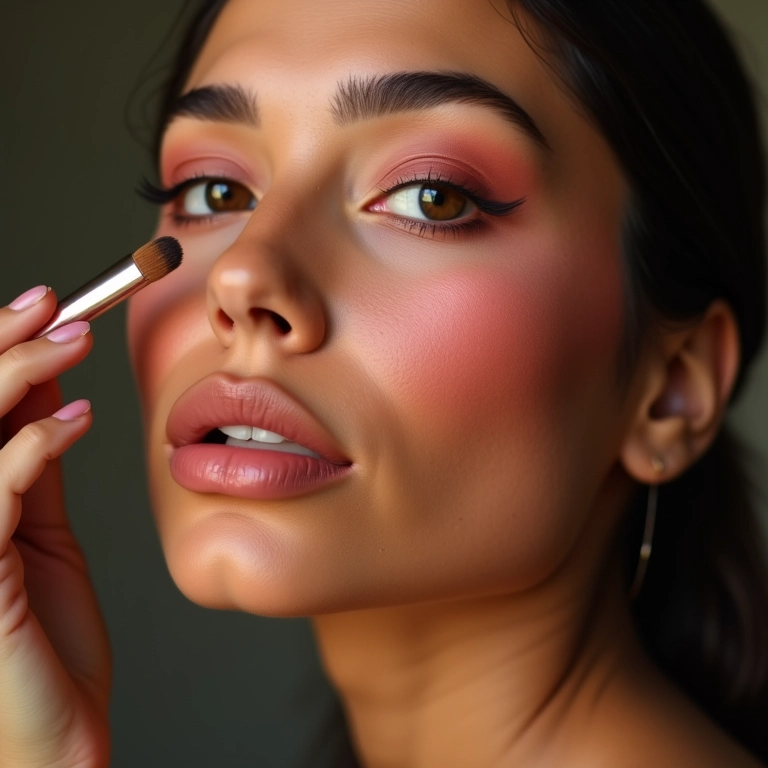 Mulher aplicando blush em rosto redondo, maquiagem profissional.