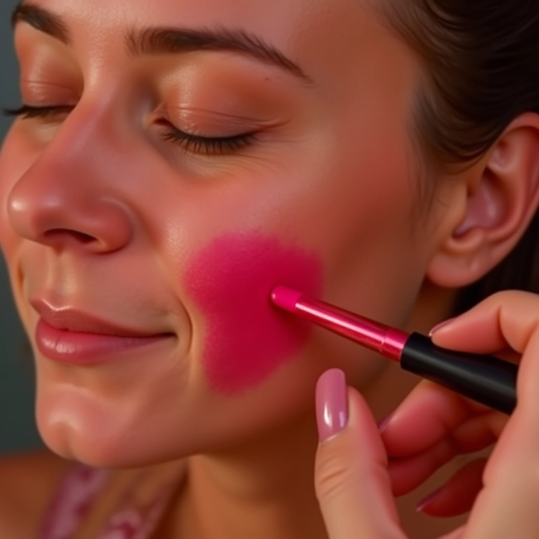 Mulher aplicando blush em tinta vibrante, pele radiante.