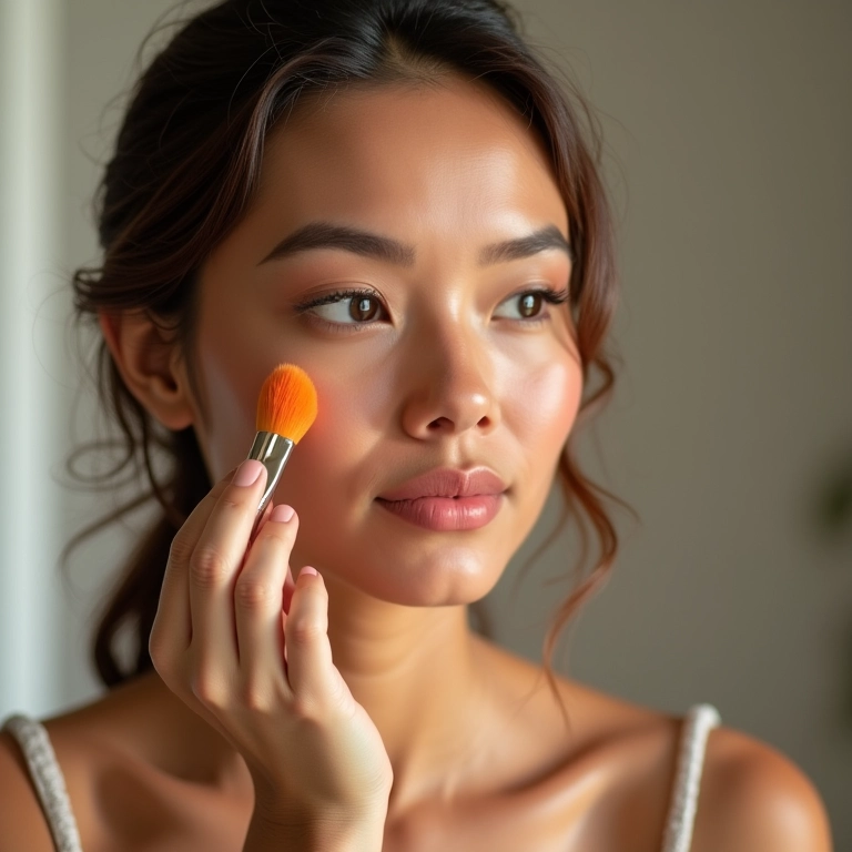 Mulher aplicando blush laranja com pincel.