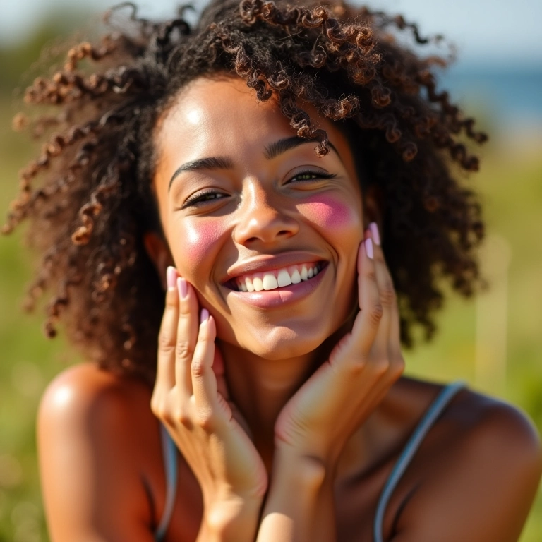 Mulher aplicando blush mineral com proteção solar.