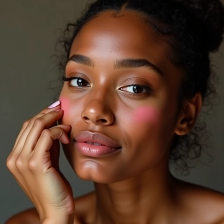 Mulher aplicando blush nas bochechas para um ar saudável na maquiagem nude.