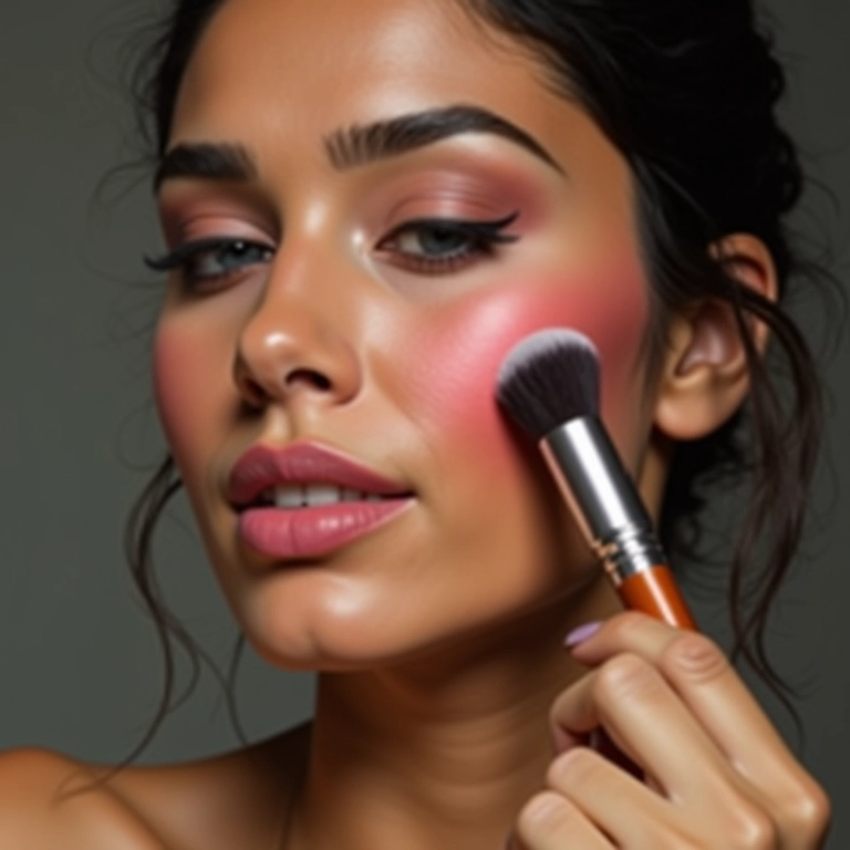 Mulher aplicando blush para dar um toque de saúde à maquiagem.