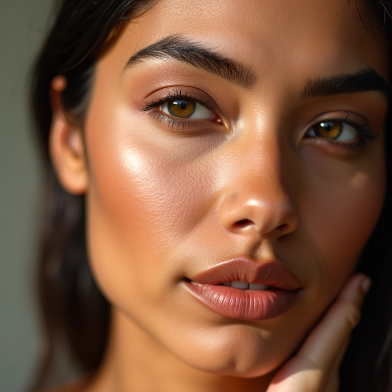 Mulher aplicando bronzer de tom frio em pele clara, maquiagem profissional.