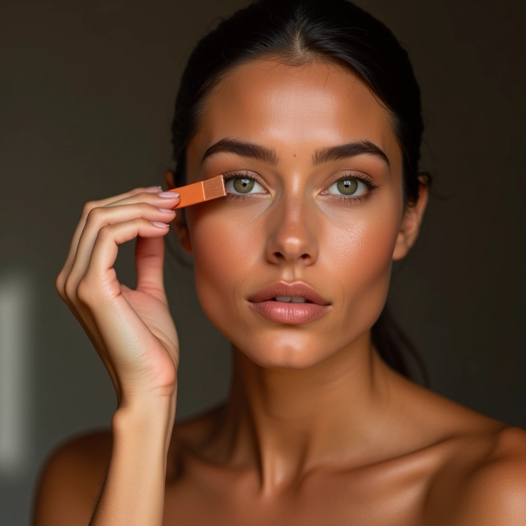 Mulher aplicando bronzer mineral, tom de pele diverso.