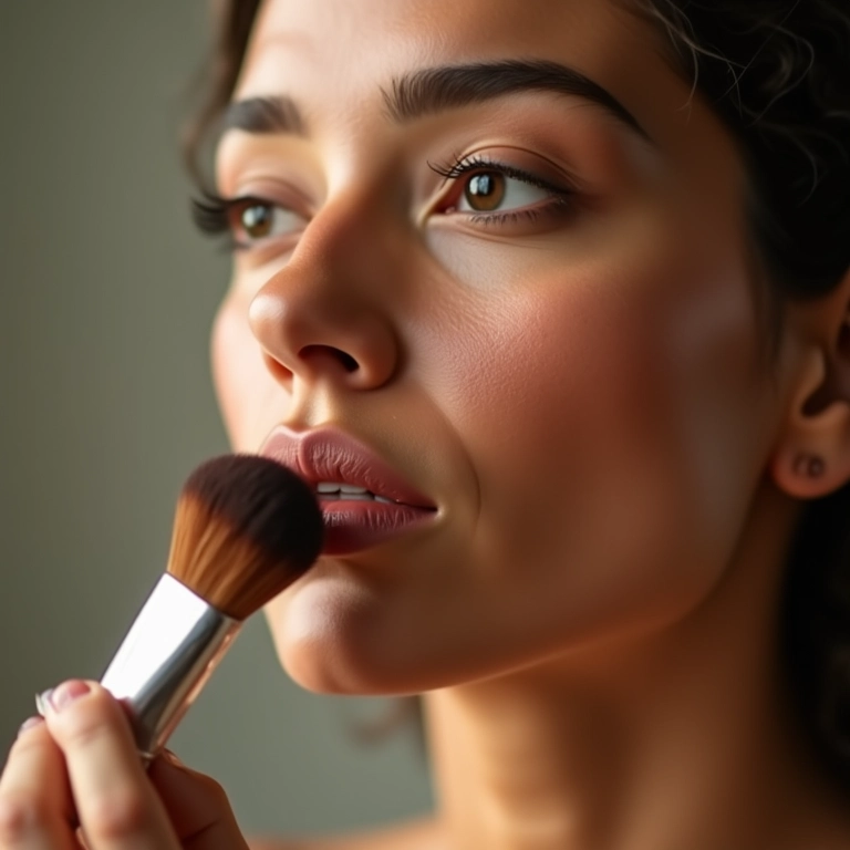 Mulher aplicando bronzer no rosto com pincel em ambiente suavemente iluminado.