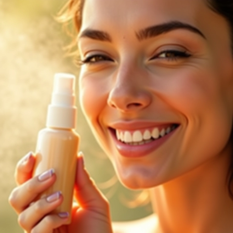 Mulher aplicando bruma energizante antes da maquiagem.