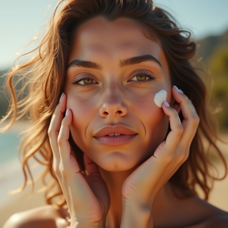 Mulher aplicando CC Cream com fator de proteção solar.