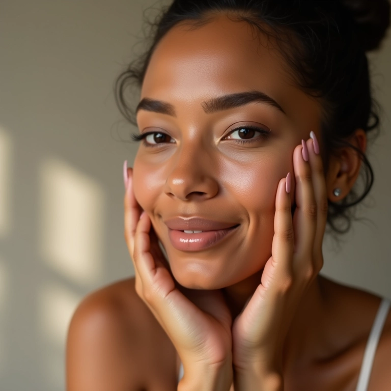 Mulher aplicando CC cream no rosto, pele radiante.