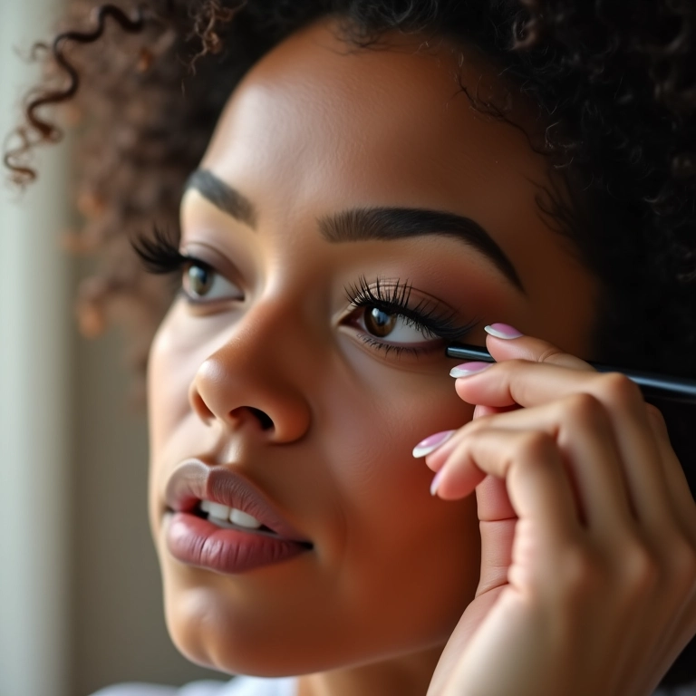 Mulher aplicando cílios postiços em close-up, maquiagem impecável.
