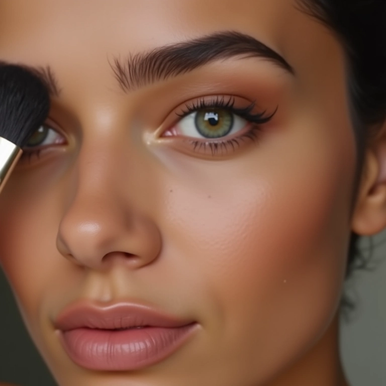 Mulher aplicando contorno com pincel, passo a passo.