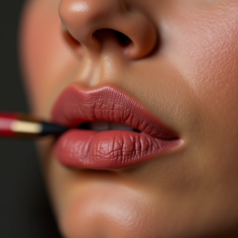 Mulher aplicando contorno labial com base para aumentar os lábios.