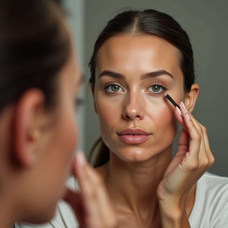 Mulher aplicando contorno nas áreas certas do rosto em frente ao espelho.