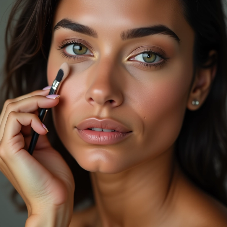 Mulher aplicando contorno no rosto com pincel, demonstrando a técnica de maquiagem.
