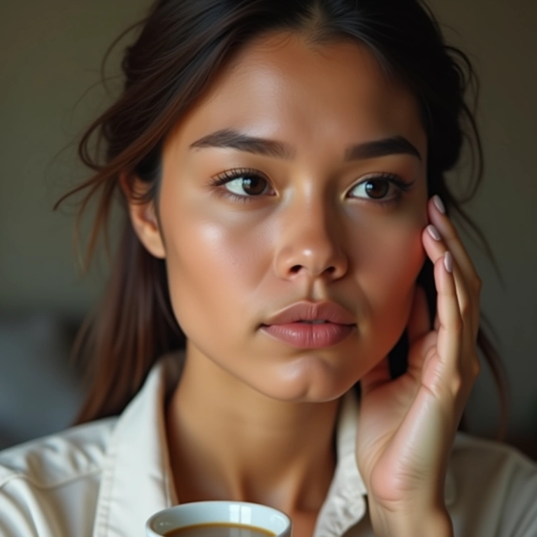 Mulher aplicando contorno rapidamente pela manhã.