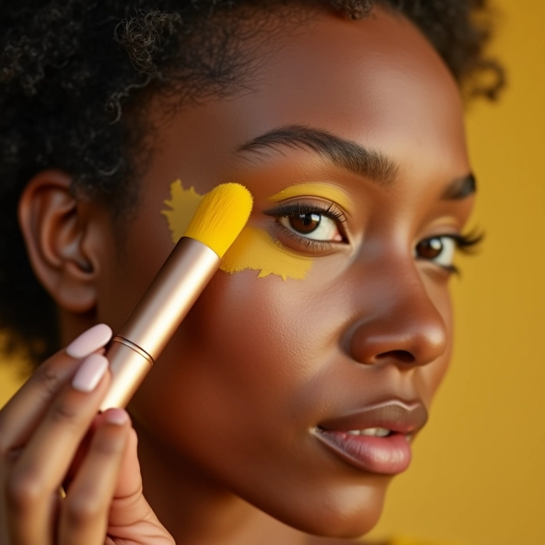 Mulher aplicando corretivo amarelo nas olheiras com luz natural.