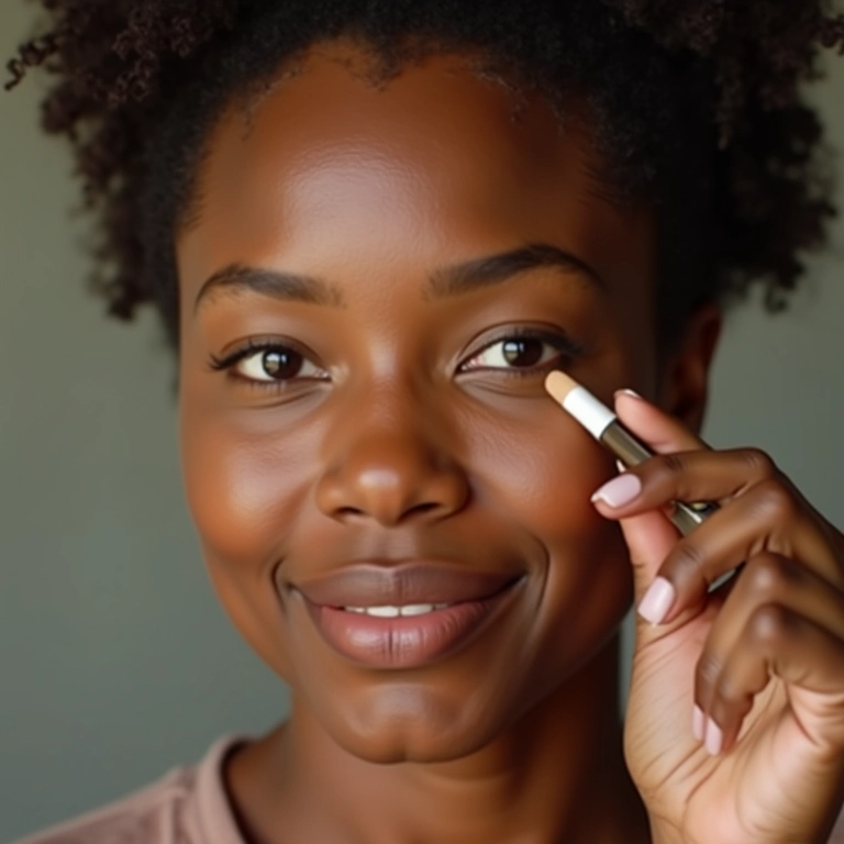 Mulher aplicando corretivo com cafeína para olheiras.