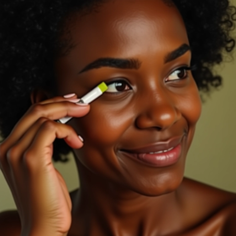 Mulher aplicando corretivo com chá verde na área dos olhos.