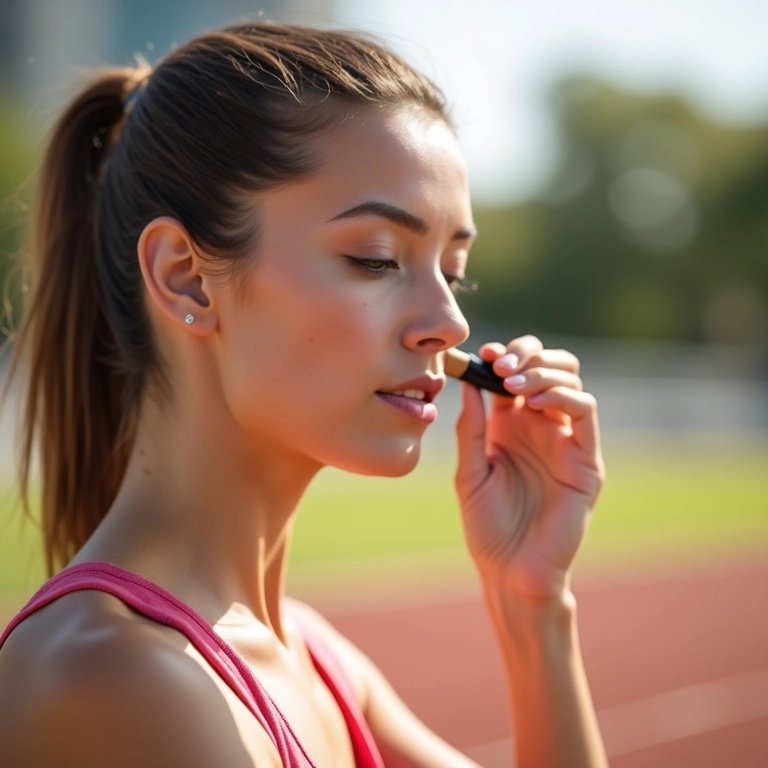 Mulher aplicando corretivo com FPS antes de correr ao ar livre.