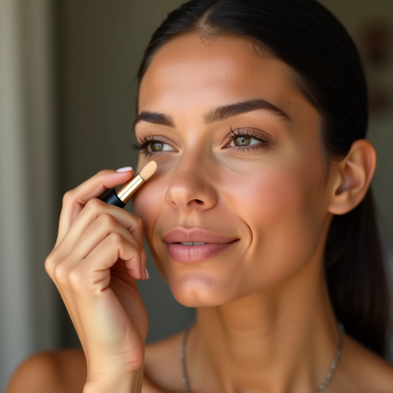 Mulher aplicando corretivo com moderação sob os olhos para maquiagem nude.