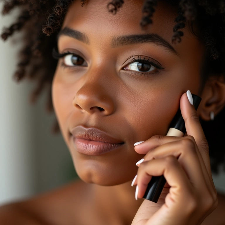 Mulher aplicando corretivo de acabamento natural em close-up.
