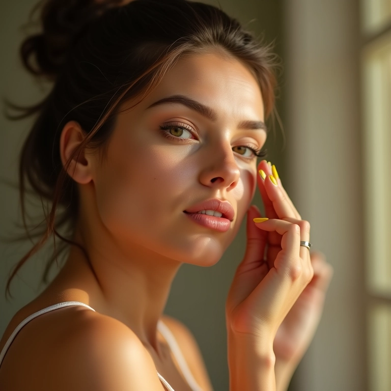 Mulher aplicando corretivo de chá verde para acne.