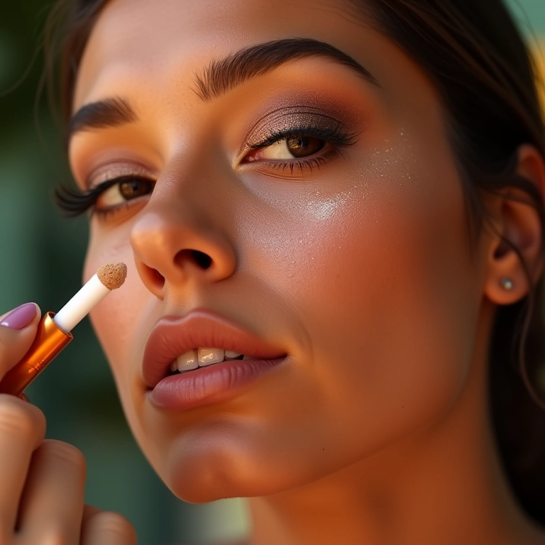 Mulher aplicando corretivo de longa duração para festa.