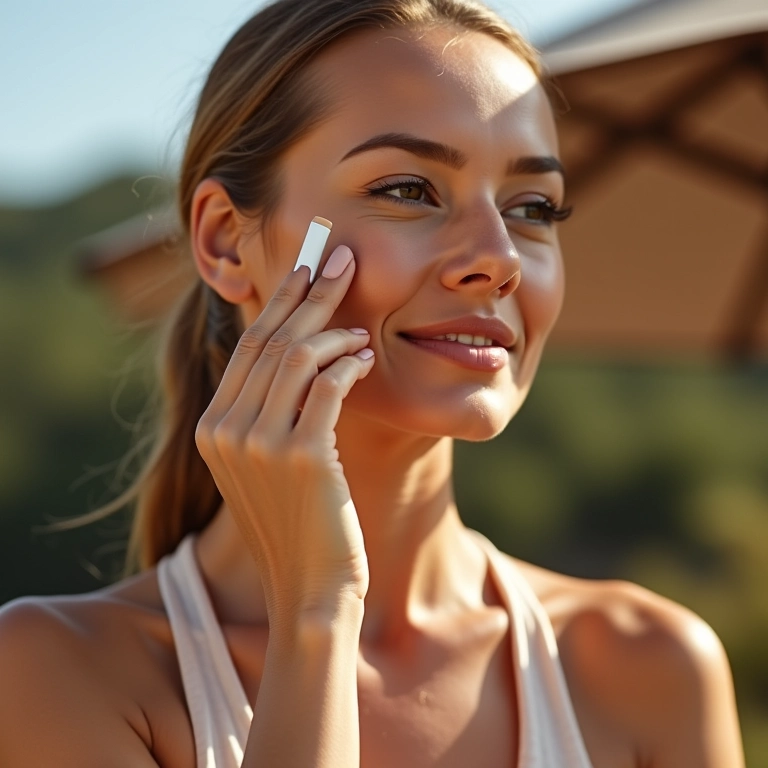Mulher aplicando corretivo em bastão com proteção solar ao ar livre.