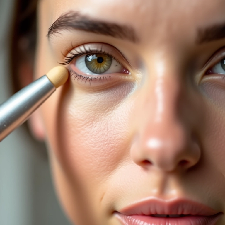 Mulher aplicando corretivo em bastão para olheiras, efeito iluminador.