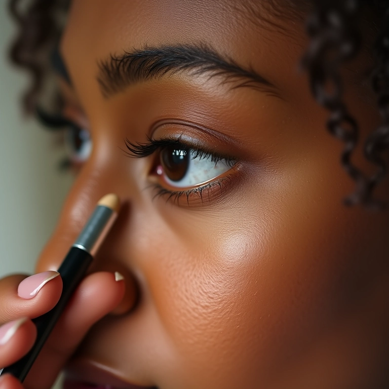 Mulher aplicando corretivo em lápis com precisão.