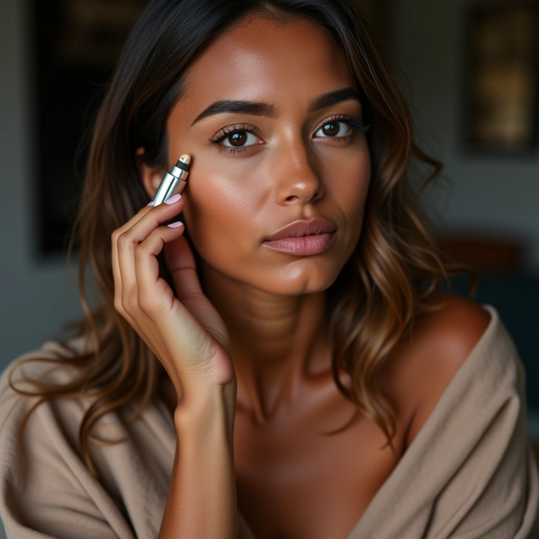 Mulher aplicando corretivo líquido para olheiras, escolhendo o tom ideal.