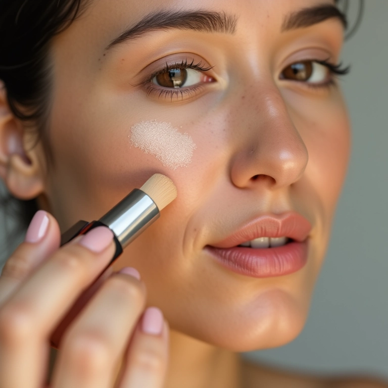 Mulher aplicando corretivo natural com ácido hialurônico.