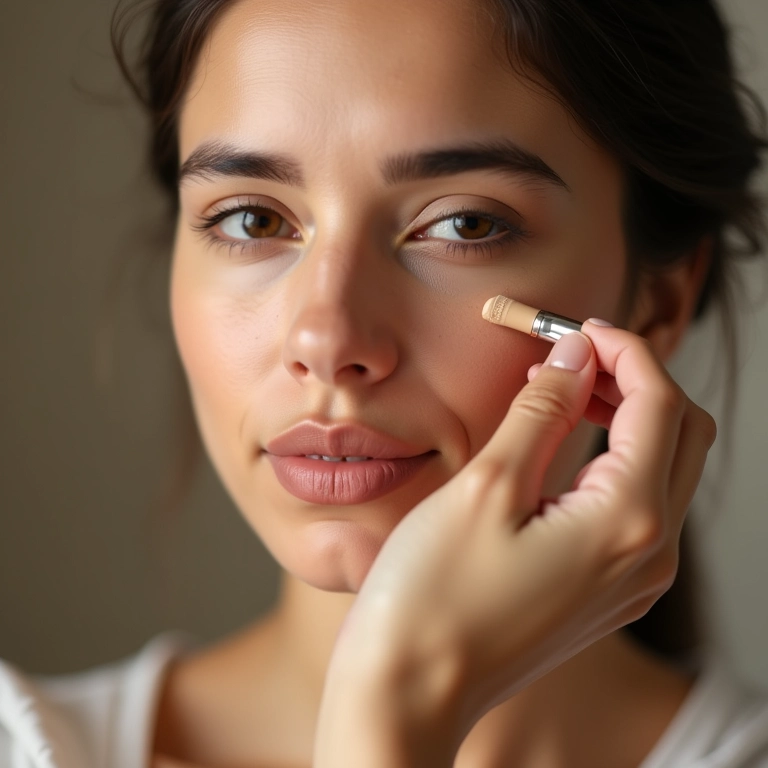 Mulher aplicando corretivo natural em manchas e imperfeições.
