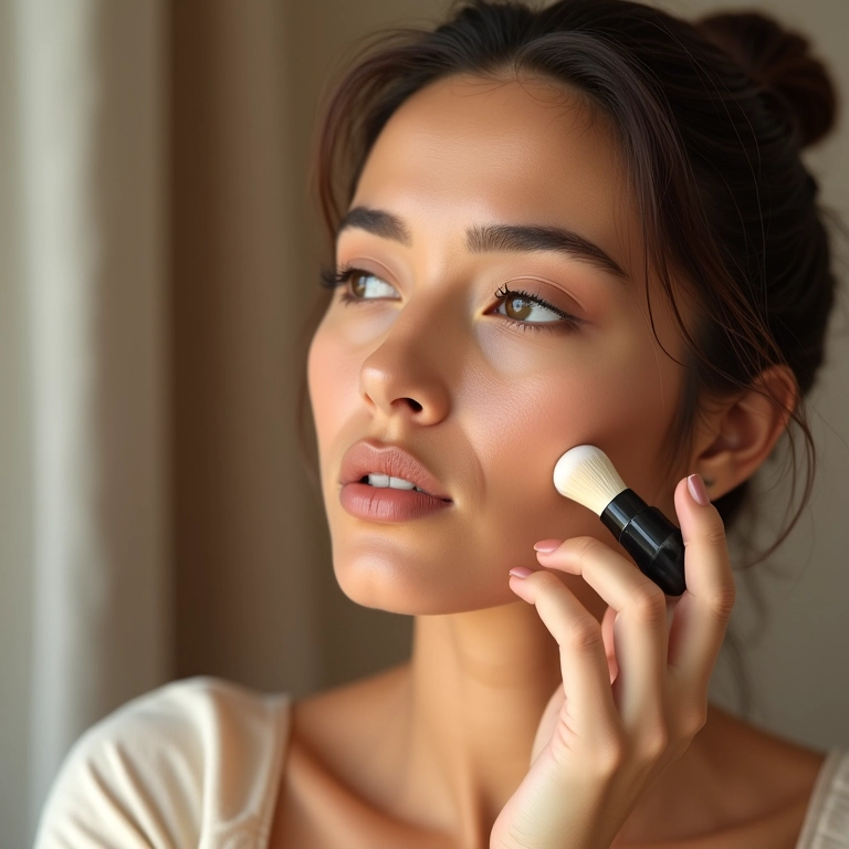 Mulher aplicando corretivo natural em sua rotina diária de maquiagem.
