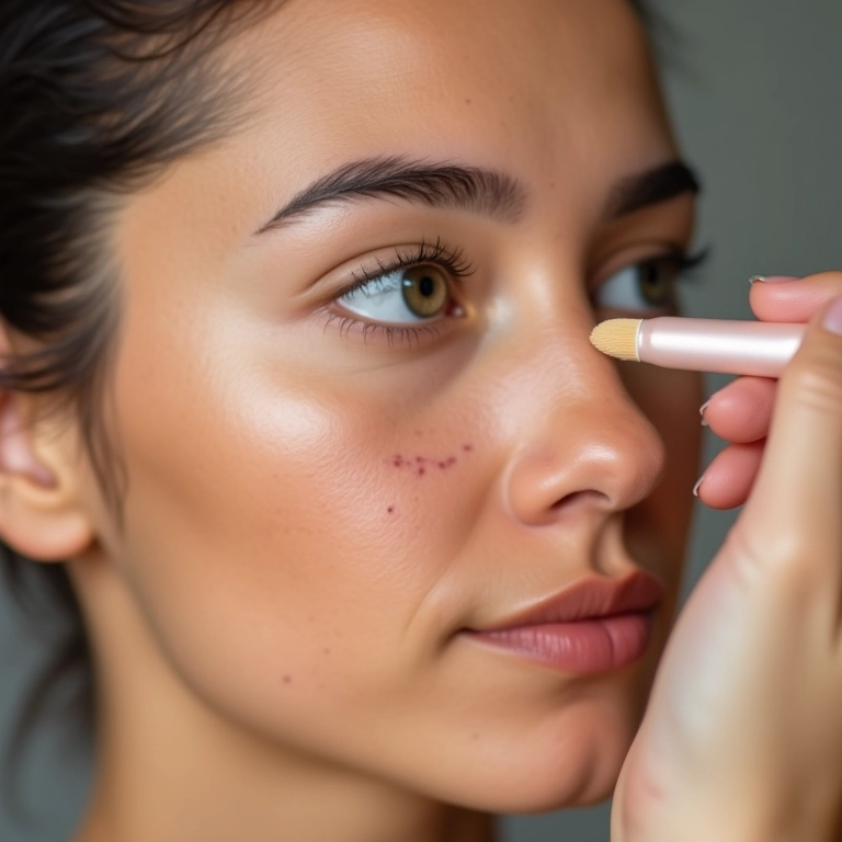 Mulher aplicando corretivo no rosto para cobrir manchas e olheiras.