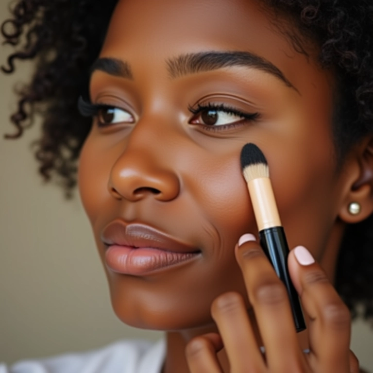 Mulher aplicando corretivo para olheiras com pele impecável.