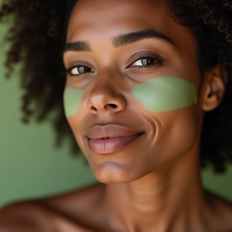 Mulher aplicando corretivo verde no rosto para neutralizar vermelhidão.