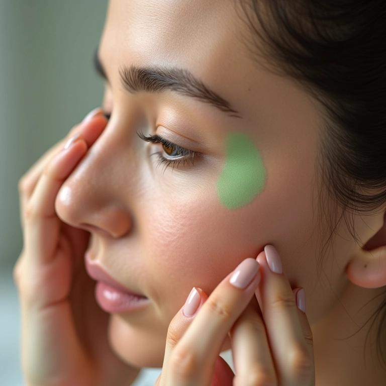 Mulher aplicando corretivo verde para camuflar vermelhidão.