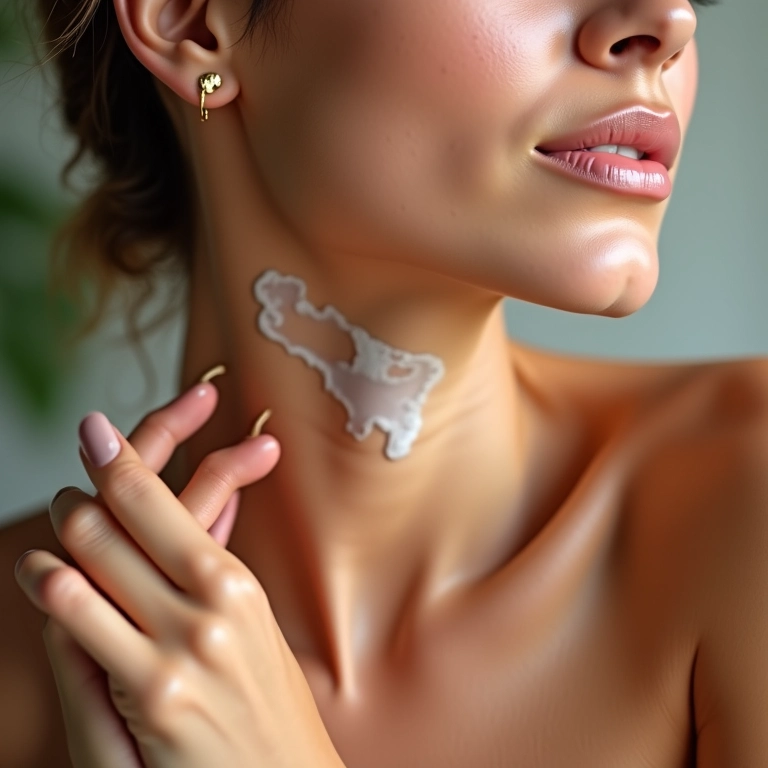 Mulher aplicando creme firmador no pescoço para tonificar a pele e reduzir a papada.