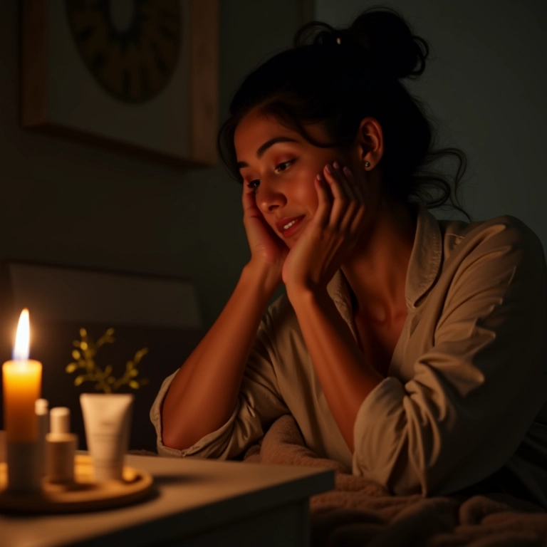 Mulher aplicando creme noturno no rosto.