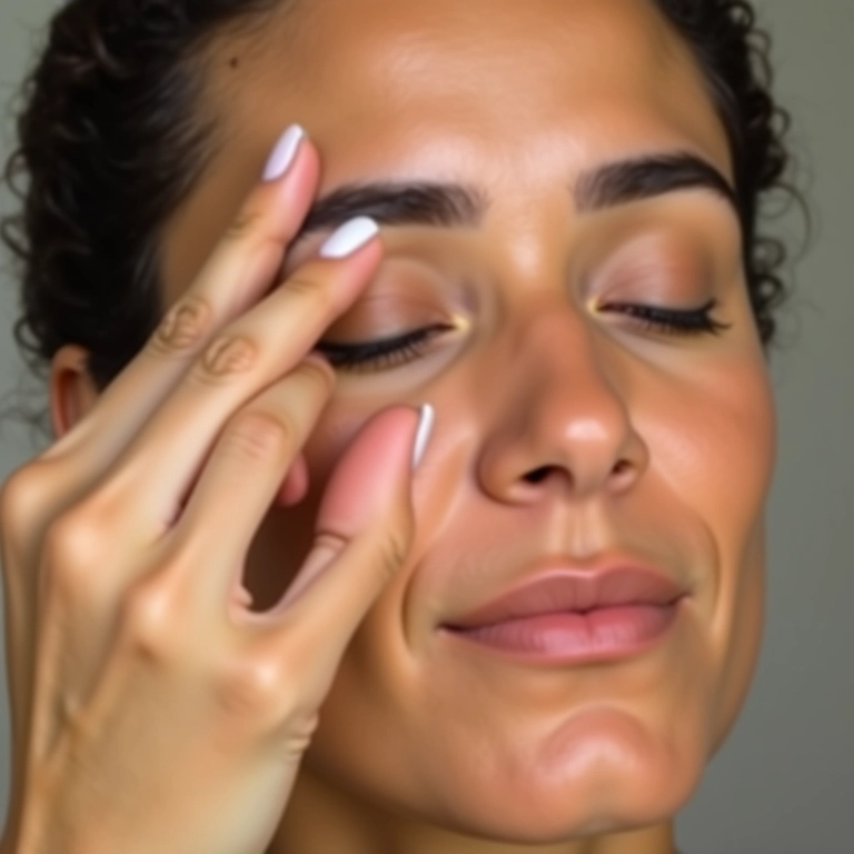 Mulher aplicando creme para a área dos olhos com cuidado e delicadeza.
