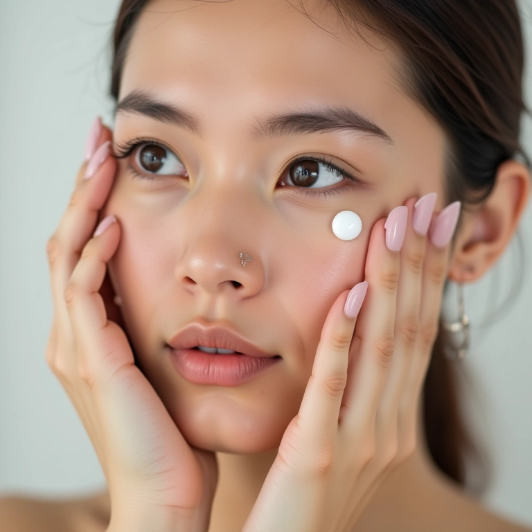 Mulher aplicando creme para área dos olhos.