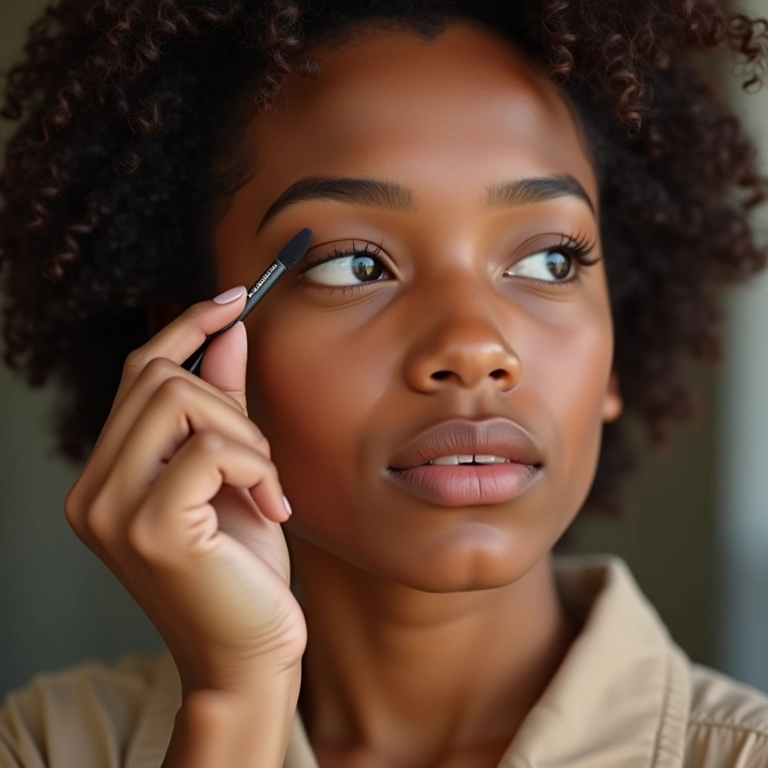 Mulher aplicando delineado gatinho com precisão e confiança.