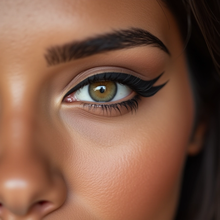 Mulher aplicando delineador com precisão.