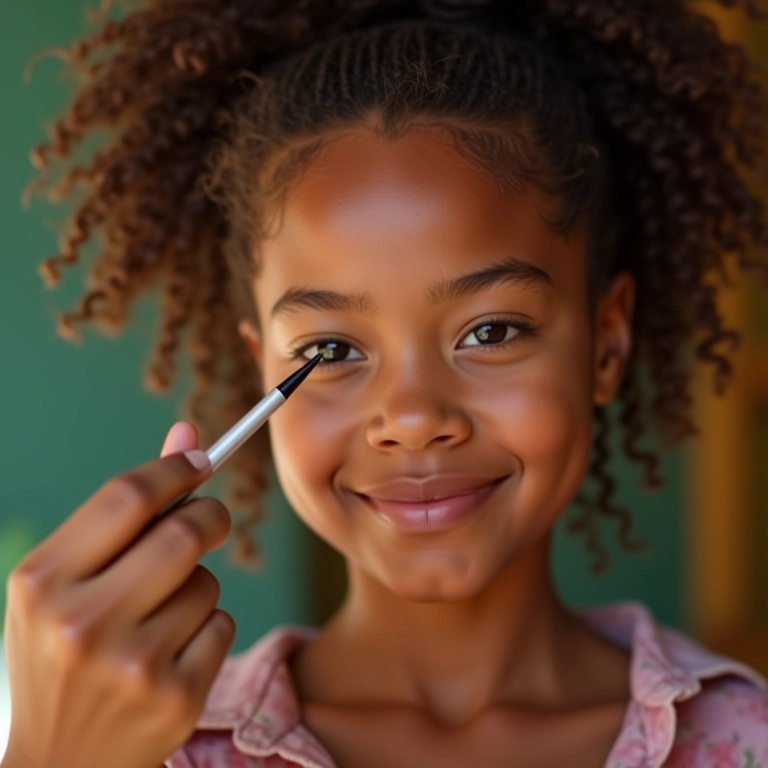 Mulher aplicando delineador em caneta com precisão.