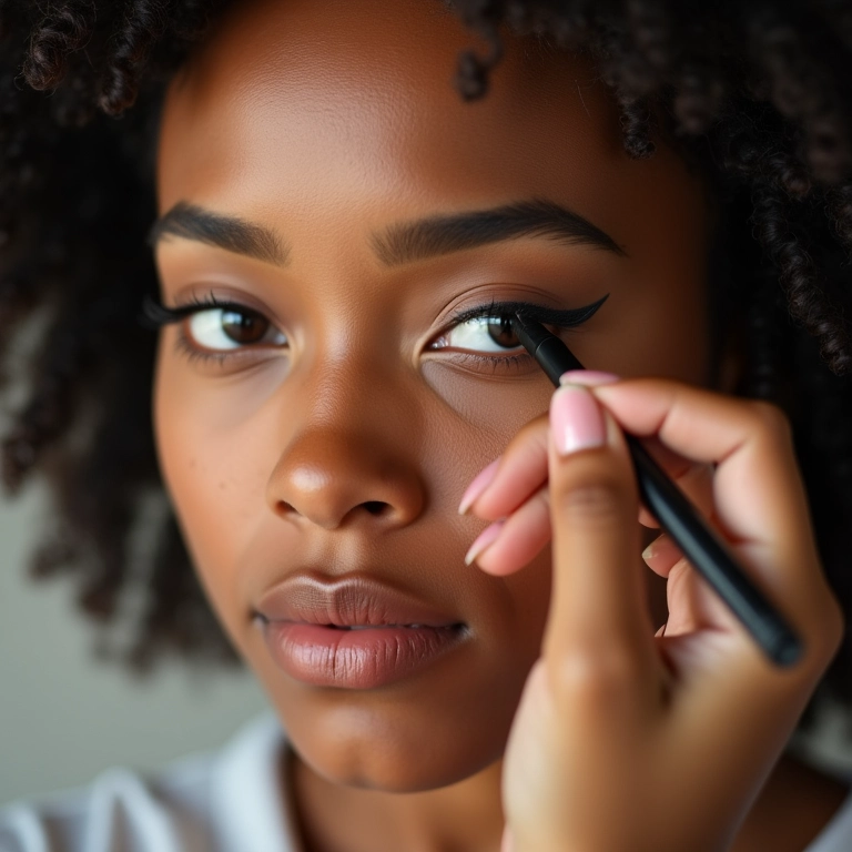 Mulher aplicando delineador líquido com traço fino e preciso.