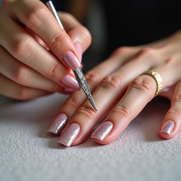 Mulher aplicando esmalte com pó de diamante nas unhas em um salão de beleza.